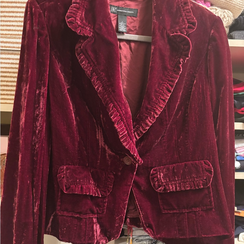 INC International Concepts Red Velvet Blazer with Ruffle Trim